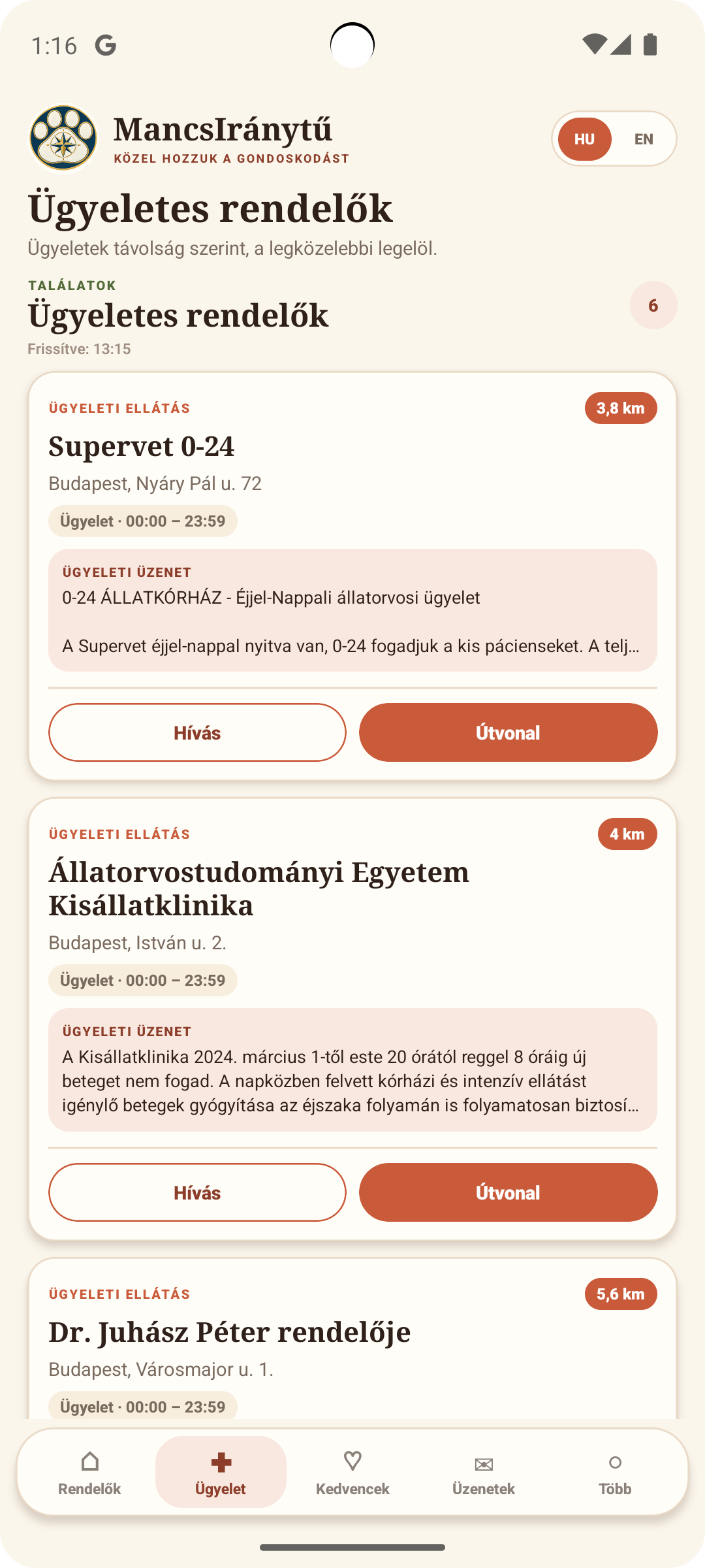 Ügyeletes állatorvosi rendelők térképe